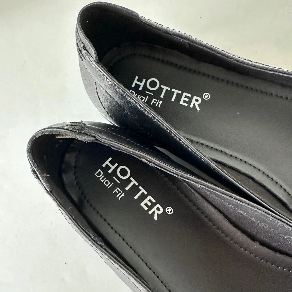Hotter Robyn II Black Leather Ballerina Flats Size 10 Dual Fit Comfort Shoes